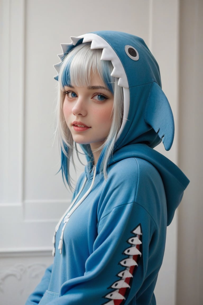 realistic, photo \(medium\), score_9, score_8_up, score_7_up, score_6_up, BREAK
pitvinm, adult, medium breasts, 
in profile, 
1girl, animal hood, blue eyes, blue hair, blue hoodie, blush, hood, hoodie, long sleeves, looking at viewer, looking to the side, multicolored hair, shark hood, solo, streaked hair, teeth, two-tone hair, upper body, white hair,