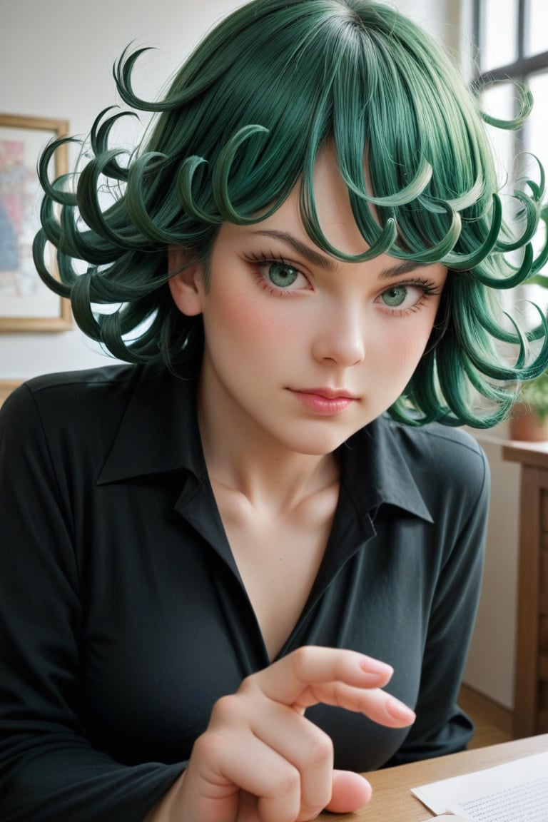 realistic, photo \(medium\), score_9, score_8_up, score_7_up, score_6_up, BREAK
tatsumaki (one-punch man),
one-punch man,
1girl, bangs, black dress, blush, collared dress, curly hair, dress, flipped hair, green eyes, green hair, indoors, leaning forward, long sleeves, looking at viewer, short hair, solo, v-shaped eyebrows, close-up, medium breasts,