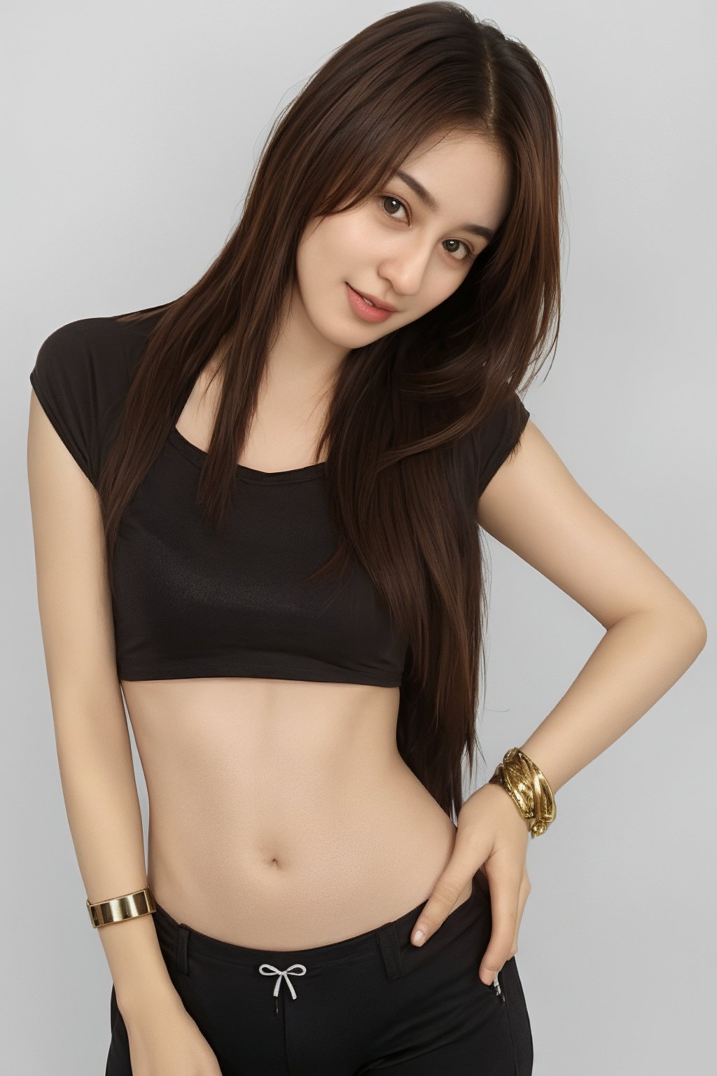 1girl, solo, long hair, brown hair, shirt, brown eyes, jewelry, underwear, midriff, pants, bracelet, lips, realistic,traditional media