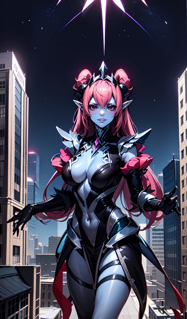 (masterpiece, best quality), (extremely detailed), (detailed background), female_solo, light blue skin, radiant red eyes, serious, curious, sassy, evil, smug, Massive Giantess, large breasts, from side, walking above a tiny city and crushing the buildings with her steps, Galactic size, A giantess goddess of planetary proportions in the middle of a tiny world which looks microscopic in comparison to her massive size, tiny skycraper city landscape, taller than a entire city, tiny buildings around her, small buildings under her knees heigth,point of view from Above,Selena_ML