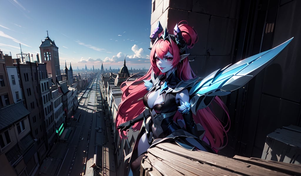 (masterpiece, best quality), (extremely detailed), (detailed background), female_solo, light blue skin, radiant red eyes, serious, curious, sassy, evil, smug, Massive Giantess, large breasts, from side, walking above a tiny city, Galactic size, A giantess goddess of planetary proportions in the middle of a tiny world which looks microscopic in comparison to her massive size, tiny skycraper city landscape, taller than a entire city, tiny buildings around her, small buildings under her knees heigth,point of view from Above,Selena_ML