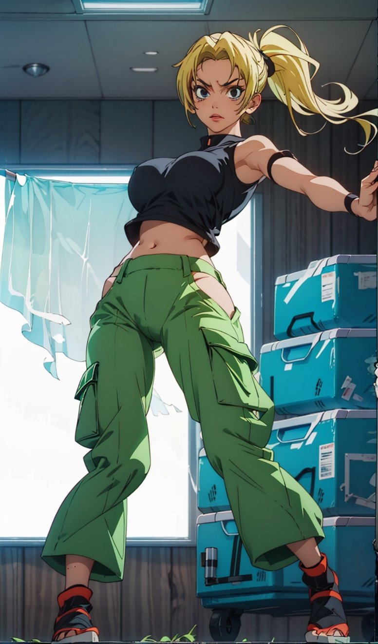 yuki tsokumo, facing viewer, full body, long blonde hair in ponytail, black top, green cargo pants, anime, jjk, jujutsu kaisen, perfect young body, perfect boobs, midriff showing, fighting pose, sweaty shiny skin, ripped clothes, nsfw