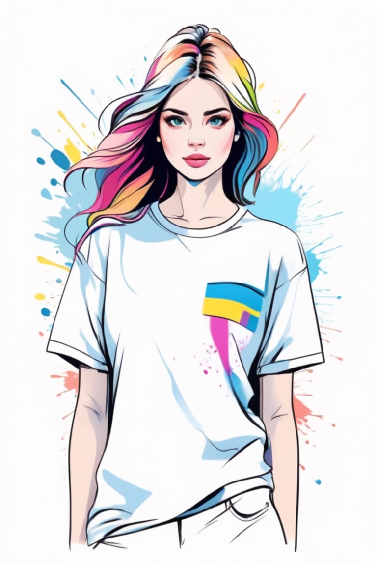 Centered image,  bits of color,  hand drawn,  realistic sketch,  Rough sketch,  bold lines,  splash art,  Artwork of T-shirt design,  white background,  Girls, outline art, Sketch drawing,  flat illustration,  high contrast,  vibrant vector,  vector image,  8k,Flat vector art