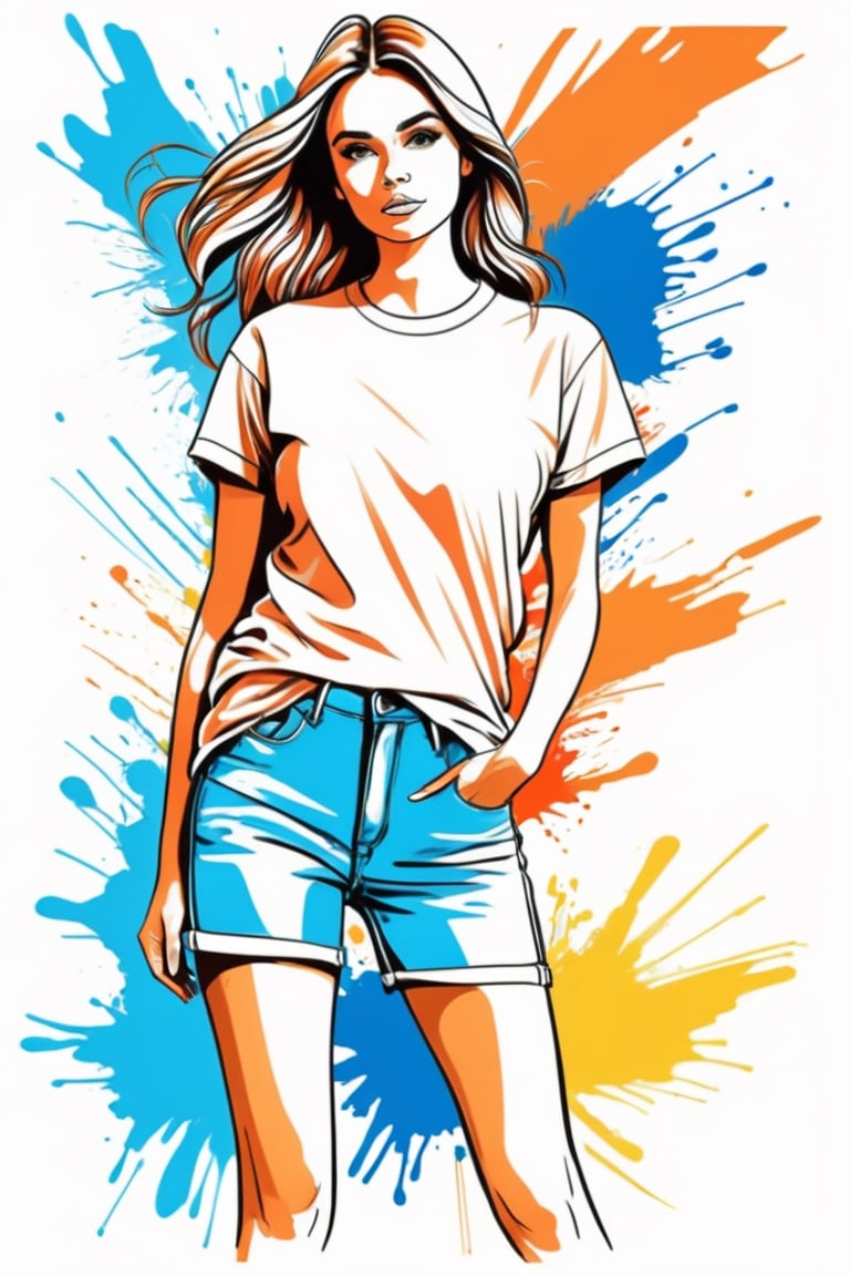 Centered image,  bits of color,  hand drawn,  realistic sketch,  Rough sketch,  bold lines,  splash art,  Artwork of T-shirt design,  white background,  Girls, outline art, Sketch drawing,  flat illustration,  high contrast,  vibrant vector,  vector image,  8k,Flat vector art