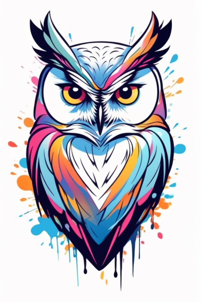 Centered image,  bits of color,  hand drawn,  realistic sketch,  Rough sketch,  bold lines,  splash art,  Artwork of T-shirt design,  white background,  owl, outline art, Sketch drawing,  flat illustration,  high contrast,  vibrant vector,  vector image,  8k,Flat vector art