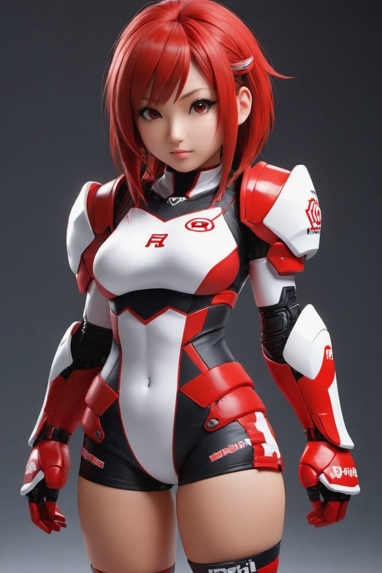 Hexatron, mascot, chibi, 1girl, mixed hairs, red and white, electric effect, the letters "Redha" marked in the mascot chest, High definition, Photo detailed, intricate, production cinematic character render, ultra high quality model, iori moe, japanese girl, sayaairie, full_body