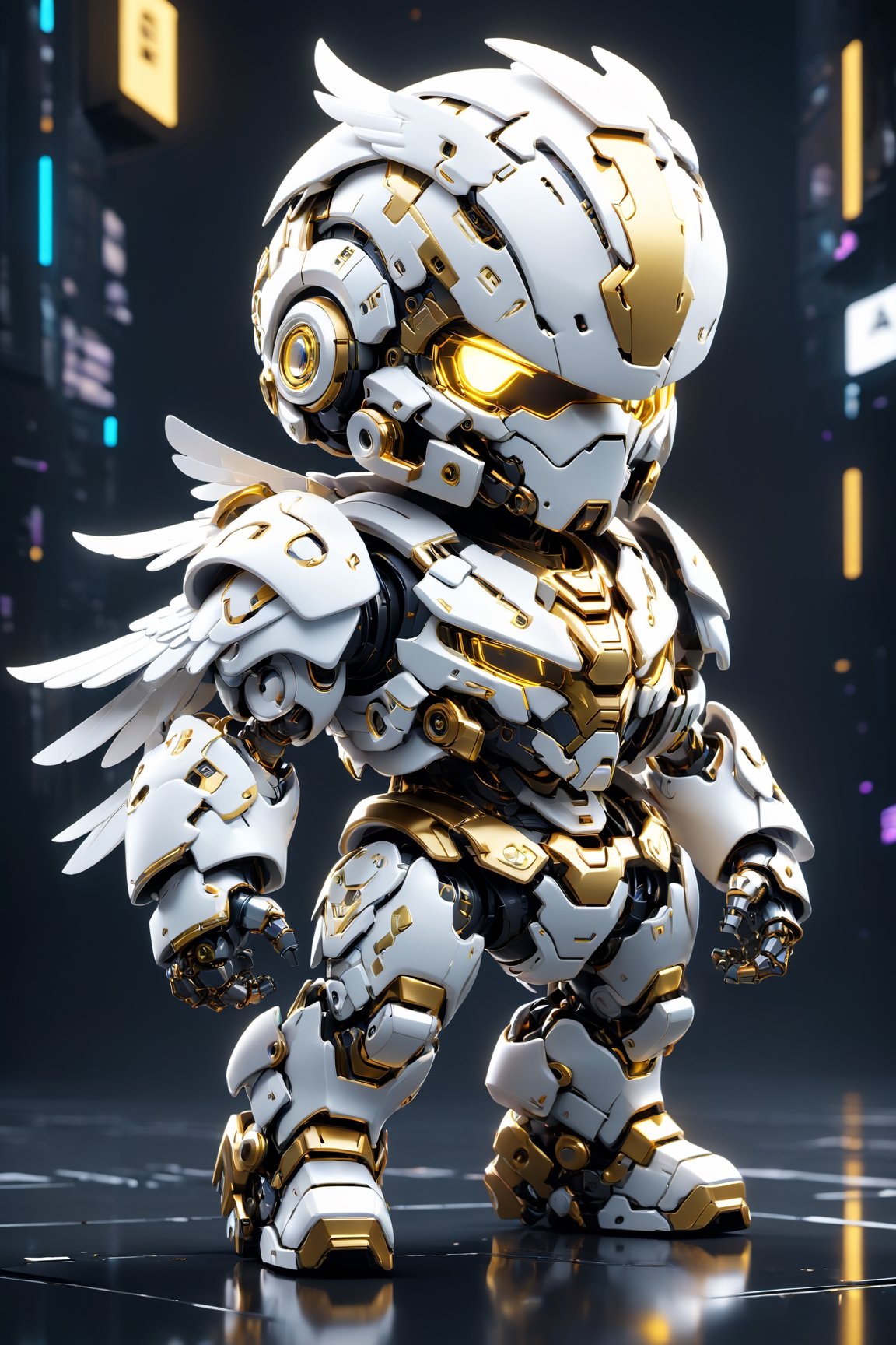 (masterpiece, best quality:1.5), EpicLogo, white armor, robot, gold armor, white face, look on viewer, eagle style, central view, cute, hues, Movie Still, cyberpunk, full body, cinematic scene, intricate mech details , ground level shot, 8K resolution, Cinema 4D, Behance HD, polished metal, shiny, data, toystore background