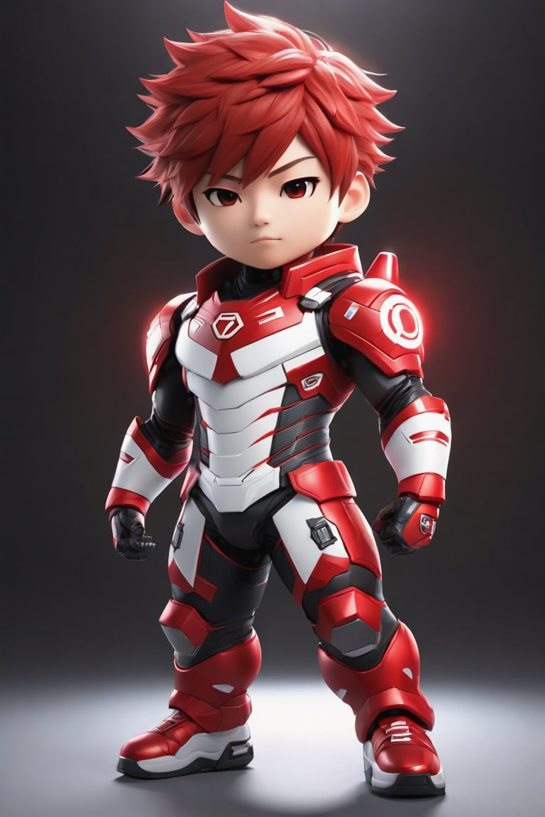 Hexatron, mascot, chibi, boy, mixed hairs, red and white, electric effect, the letter "F" marked in the mascot chest, High definition, Photo detailed, intricate, production cinematic character render, ultra high quality model, full-body_portrait,korean boy