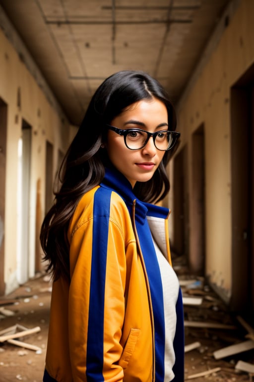 (shot from a Dutch angle, headshot:1.2) photo of  Francesca, she is wearing letterman jacket , she is wearing glasses, her hair is styled as center-parted hair, BREAK she is (exploring an abandoned building:1.1), creative shadow play, shot on ALEXA 65, dreamy haze,Voigtlnder Nokton 50mm f1.1 , in the style of Hayao Miyazaki,Italian,Beauty,photorealistic