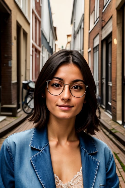 (shot from a Dutch angle, headshot:1.2) photo of  Francesca, she is wearing letterman jacket , she is wearing glasses, her hair is styled as center-parted hair, BREAK she is (exploring an abandoned building:1.1), creative shadow play, shot on ALEXA 65, dreamy haze,Voigtlnder Nokton 50mm f1.1 , in the style of Hayao Miyazaki,Italian,Beauty,photorealistic