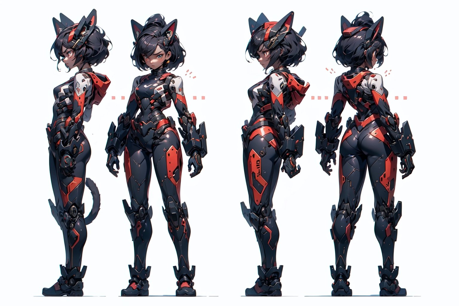 (simple white background), (a girl from Standing Pose), (Full body shots  (front:1.0) (Profile:1.0) (Rear:1.0)),simple backgound character sheet, model sheet, turnaround, multiple views of the same character,Beautiful women with cat like ears wearing a suit (bodysuit) that is a tight fit. medium breasts, slime thicc, multicolor eyes, multicolor hair,  perfect image unfolds with 8k resolution,mecha,r1ge