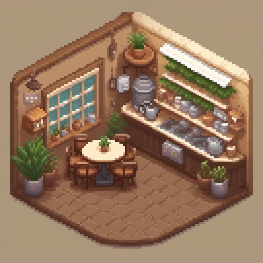 isometric, cozy cafe, warm coffee, plants, indoor,  evening atmosphere, pixel art,pixel art,isometric style