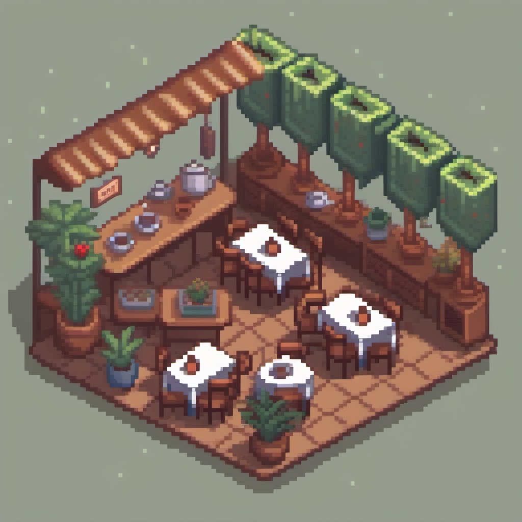 isometric, cozy cafe, warm coffee, plants, indoor,  evening atmosphere, pixel art,pixel art