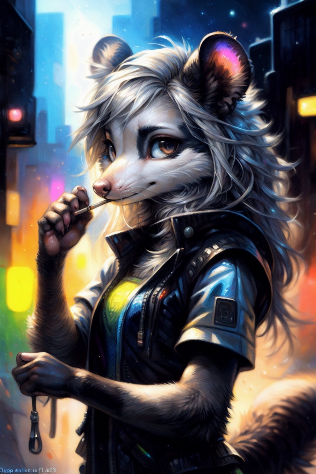 by kenket, by totesfleisch8, (by thebigslick, by silverfox5213:0.8), (by syuro:0.2), (by qupostuv35:1.2), (hi res), ((masterpiece)) , ((best quality)), illustration, furry, opossum, animal ears, body fur, 1girl, 1girl, solo, white hair, long hair, shaggy hair, cybernetic eyes, emotionless, opossum girl smoking, steam, ((( feminine))), young adult, futuristic, (((night, RGB lights, warm colors, lofi))), punk clothes, punk vest, leaning pose, lofi 8bits, furry anthropomorphic opossum, furry opossum nose, ((gray fur, black hands, pink fingers)), FurryCore,