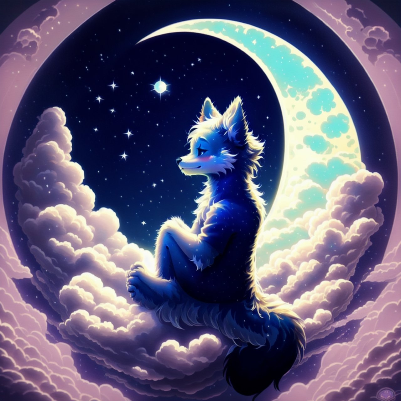 , scruffy_fluff, logo, sitting moon, FurryCore, two_moon's, cloud border background, fluffy tail