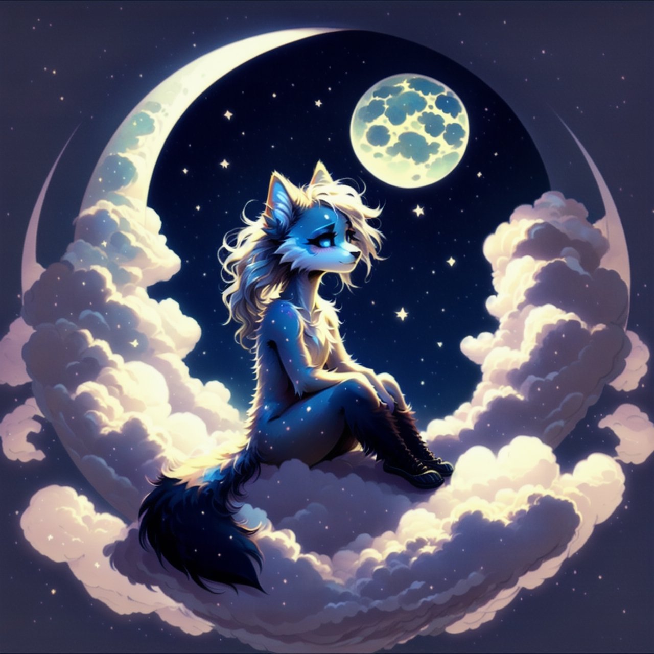 , scruffy_fluff, logo, sitting moon, FurryCore, cloud border background, fluffy tail, 1girl