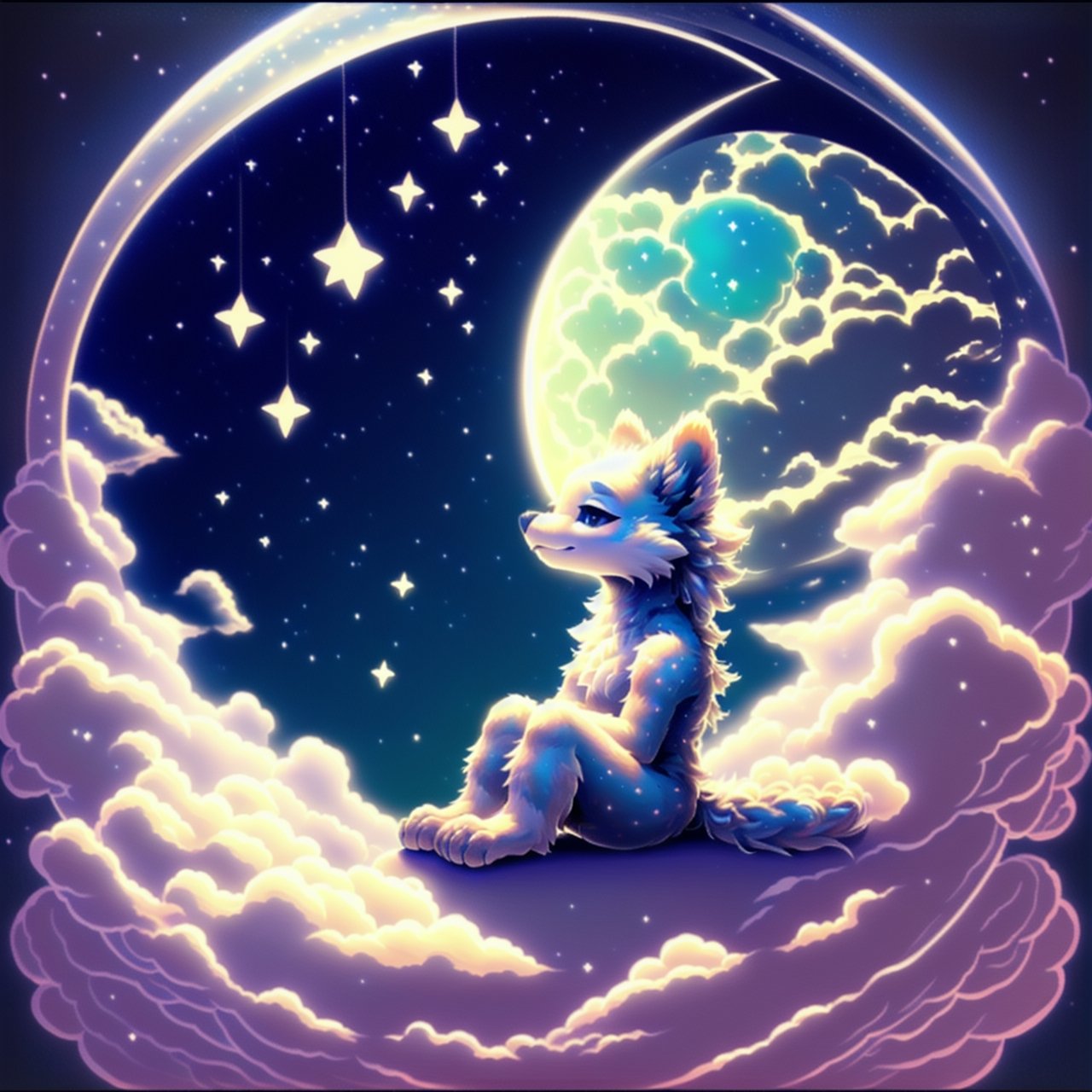 , ((S̶c̶u̶f̶f̶e̶d̶_fluff)), S̶c̶u̶f̶f̶e̶d̶_fluff logo, sitting moon, FurryCore, cloud_border_background