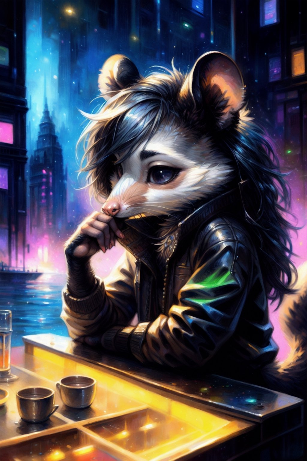 by kenket, by totesfleisch8, (by thebigslick, by silverfox5213:0.8), (by syuro:0.2), (by qupostuv35:1.2), (hi res), ((masterpiece)) , ((best quality)), illustration, furry, opossum, animal ears, body fur, shaggy fur, 1girl, solo, gray hair, long hair, straight hair, shaggy hair, black eyes, emotionless, opossum girl smoking, smoke, (((feminine))), (((curvy))) young adult, futuristic skyline, (((night, RGB lights, warm colors, lofi))), punk clothes, goth clothes, slumped pose, lofi 8bits, furry anthropomorphic opossum, furry opossum nose, opossum tail, ((gray fur, black hands, pink fingers)), FurryCore,