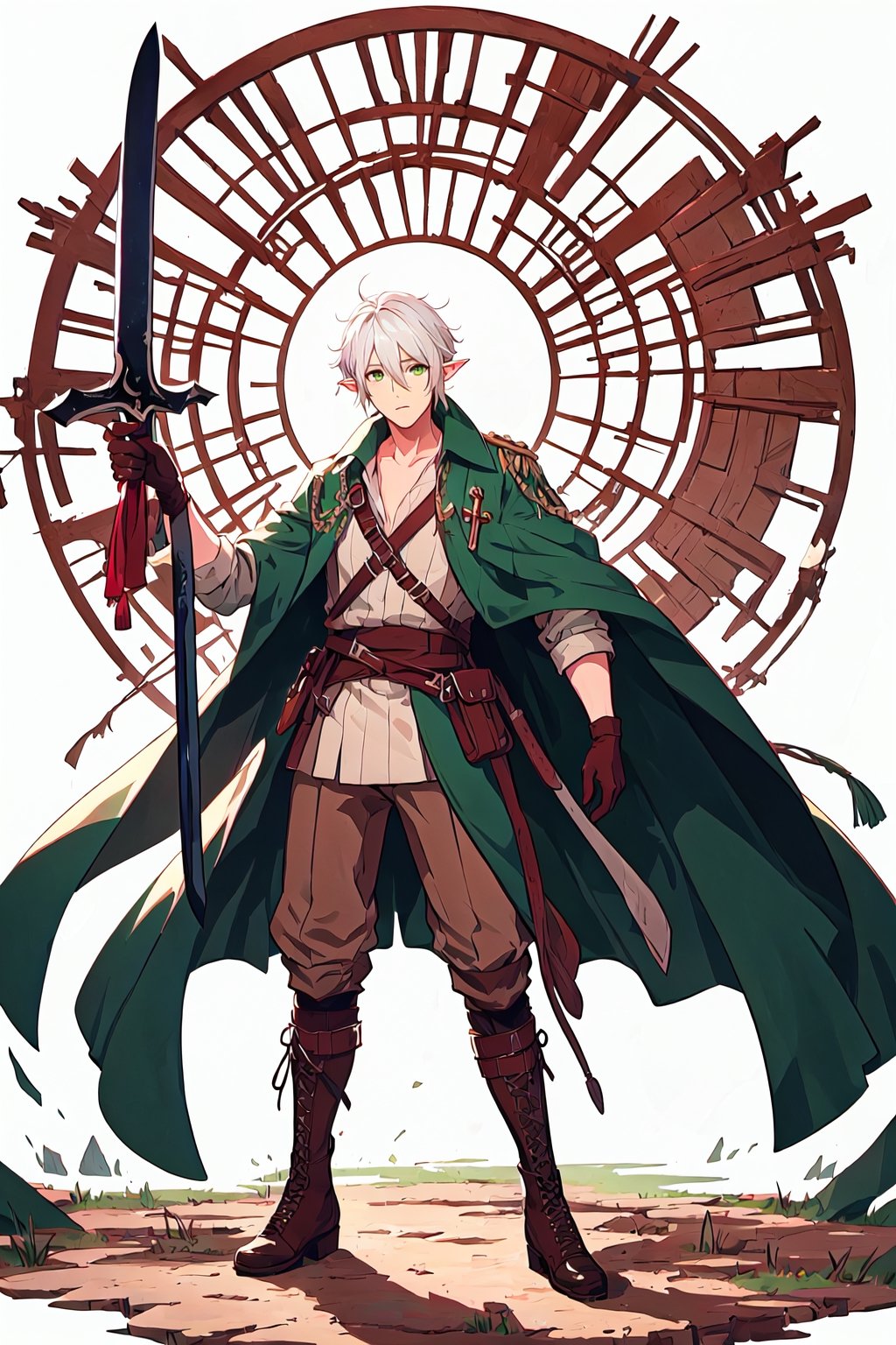 
best quality
, masterpiece
, highres
,originaloutfit, 1 man ,Olivia,32years old,simple background,  white background,
,shirt, gloves,  hair between eyes, green eyes, full body, white hair,  boots, pointy ears,
sword, holding sword,
 coat, brown footwear, brown gloves, cross-laced footwear, pouch, looking at viewer,pose,swordup