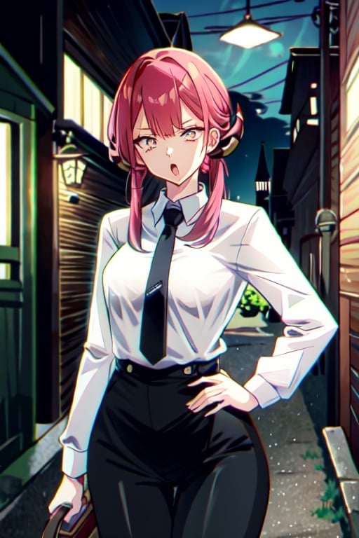 1girl, solo, looking at viewer,
 hand on hip,
aru,arudef,
 ,Roll eyes, 
red hair,long hair,
large breasts,
 thick thighs,
mouth_open

white shirt, shirt, shirt tucked in,
 long sleeves, collared shirt,thin translucent shirt,
 necktie, black necktie,black_bra,
 pants, black pants, high-waist pants,

 simple background,
 small alley at night,
all body wet,