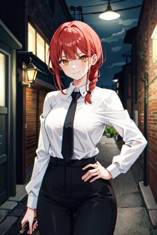 1girl,makima(chainsaw man), solo, looking at viewer,
 hand on hip,

 braided ponytail, braid,
 yellow eyes, ringed eyes,
large breasts,
 thick thighs,

 red hair,
 evil smile,

white shirt, shirt, shirt tucked in,
 long sleeves, collared shirt
 necktie, black necktie,
 pants, black pants, high-waist pants,

 simple background,
 small alley at night,
