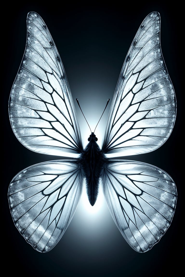 Macro photography of a delicate butterfly, captured with a 100mm f/2.8 lens, showcasing intricate details in stunning infrared. The subject's wings unfold like a work of art, rendered in a striking white and subtle light-blue highlights. Framed against a dark, moody background, the butterfly appears as an ethereal creature, its delicate features illuminated by the crisp infrared lighting.