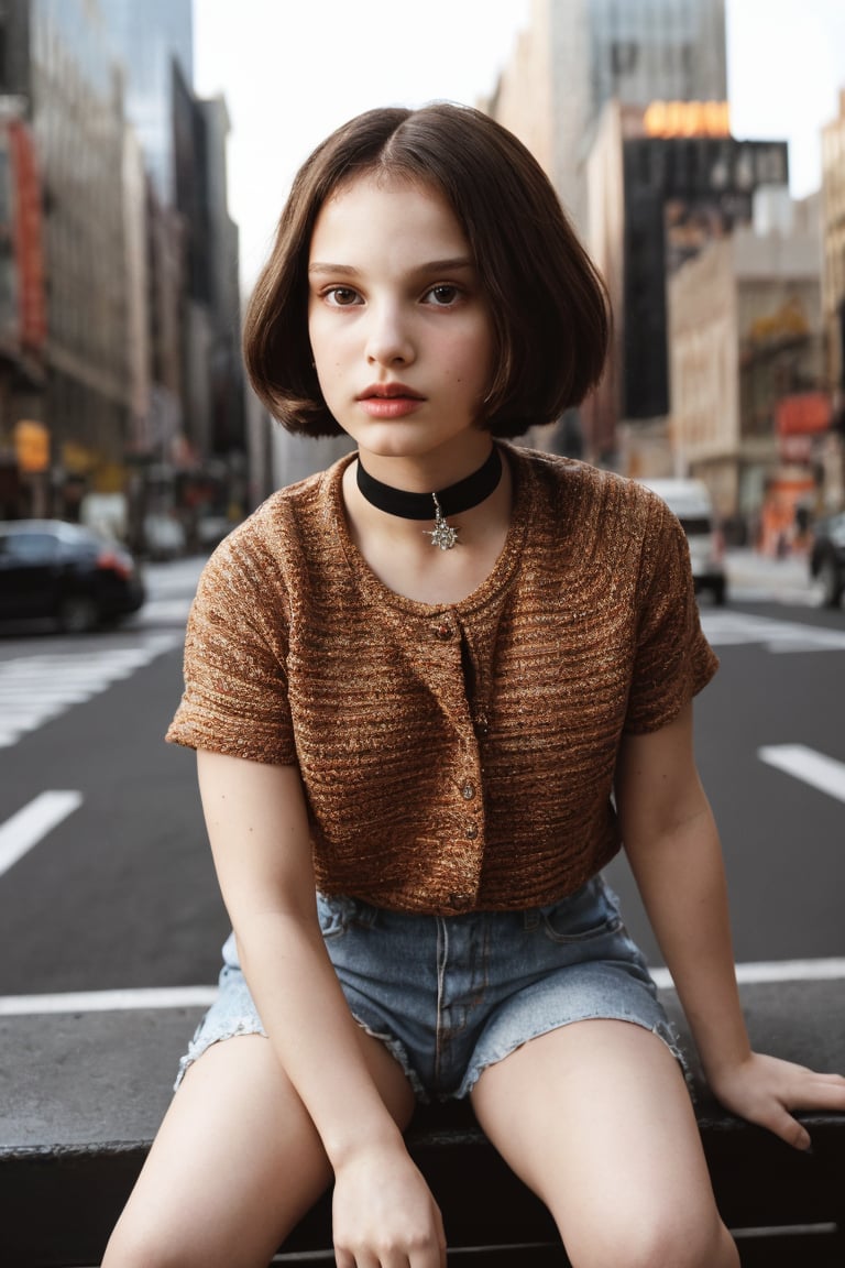 8K, Masterpiece, Beautiful face, Natalie Portman as an 11-year-old Matilda, posing confidently in a full-body shot against a vibrant New York City background. Her porcelain doll-like face glows with a subtle HDR sheen, showcasing her striking features. The hyperrealistic portrait captures every detail of her youthful physique, from the toned arms to the athletic legs. In this masterpiece, Matilda exudes a sense of empowerment and sass, as if ready to take on the Big Apple.