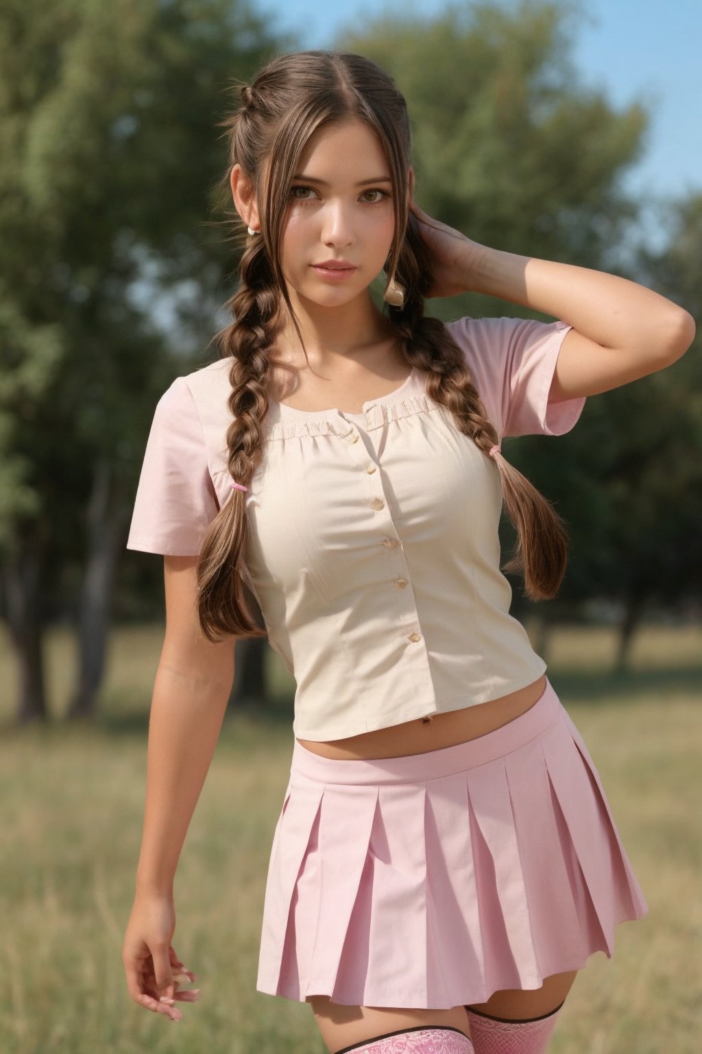 1girl, solo, long hair, looking at viewer, skirt, brown hair, shirt, thighhighs, twintails, brown eyes, standing, white shirt, braid, short sleeves, pleated skirt, outdoors, day, blurry, twin braids, tree, plaid, cosplay, plaid skirt, grass, pink skirt, realistic, pink thighhighs, photo background