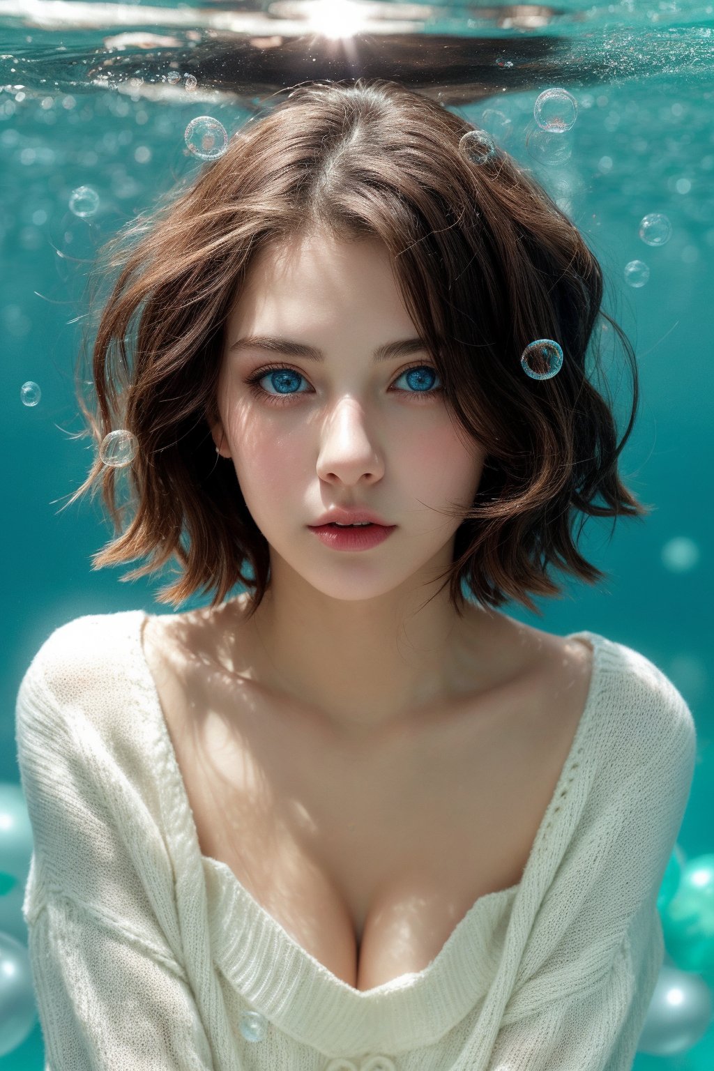 1girl, solo, looking at viewer, short hair, blue eyes, brown hair, black hair, collarbones, parted lips, water, lips, white sweater, sunlight, bubbles, underwater, ((small bubbles)), red balloons