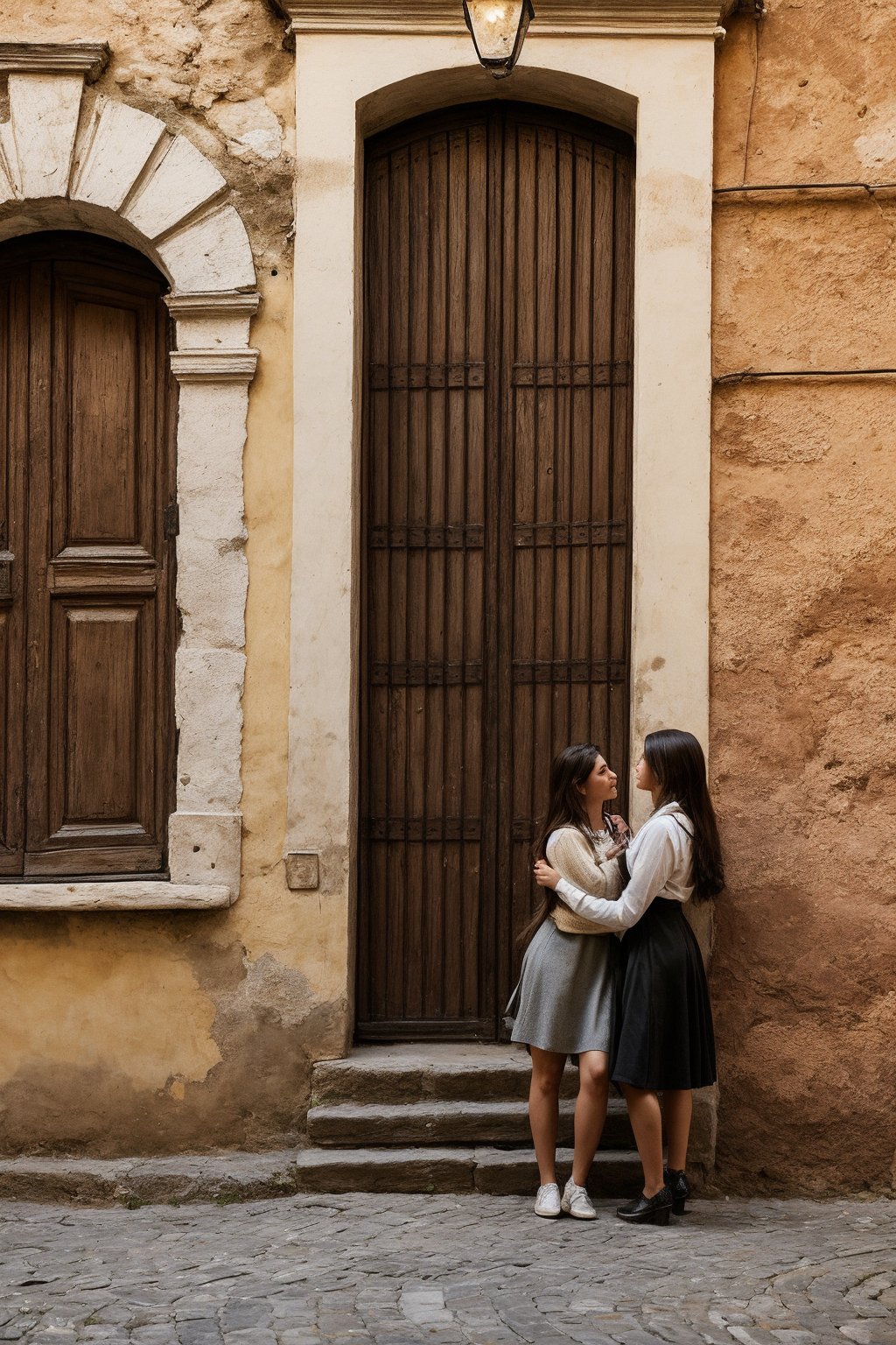 (masterpiece portrayal of movie characters in intimate action), A 15-year-old girl confidently riding vintage bicycle along a sun-dappled, cobblestone street in an old European town, proud gaze looking straight ahead, well-fitted leather backpack slung casually over her shoulder, old buildings, stone path, sundrenched, vintage bicycle, 15 years of age, peeling paint walls, old wooden door frames, cobblestone detail, sepia tone, elegant play of light and shadow, Rome.