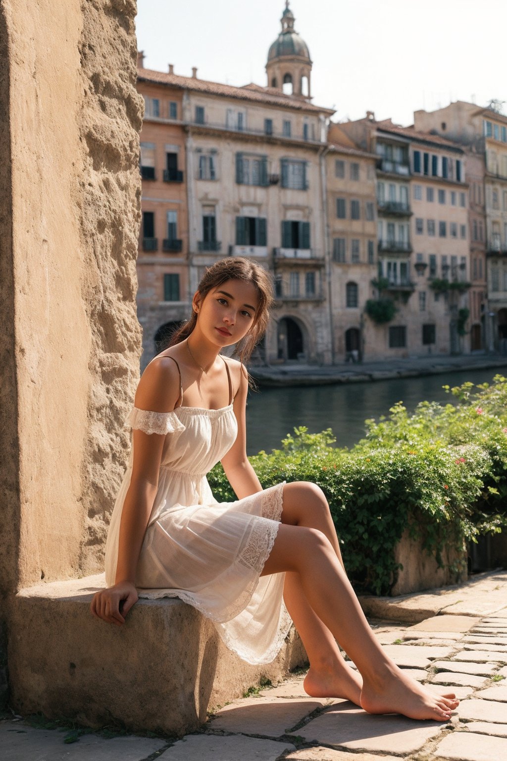 Create a serene scene depicting a beautiful 18-year-old girl sitting confidently with her legs open, gazing straight ahead amidst the charming backdrop of an old European city. Her stunning face, considered a masterpiece, is framed by the peeling paint walls and ornate wooden doorframes. The soft sepia tones add warmth to the atmosphere as she wears her dress seductively, with the shoulder strap hanging casually. Capture the carefree spirit emanating from her position on sun-kissed cobblestones, subtly incorporating ancient Roman elements into the composition.