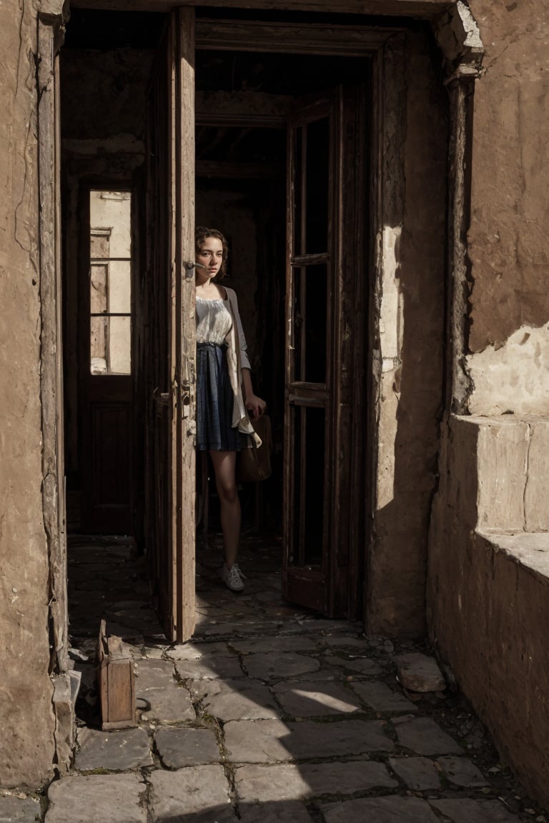 (masterpiece portrayal of movie characters in intimate action), A 15-year-old girl confidently riding vintage bicycle along a sun-dappled, cobblestone street in an old European town, proud gaze looking straight ahead, well-fitted leather backpack slung casually over her shoulder, old buildings, stone path, sundrenched, vintage bicycle, 15 years of age, peeling paint walls, old wooden door frames, cobblestone detail, sepia tone, elegant play of light and shadow, Rome.