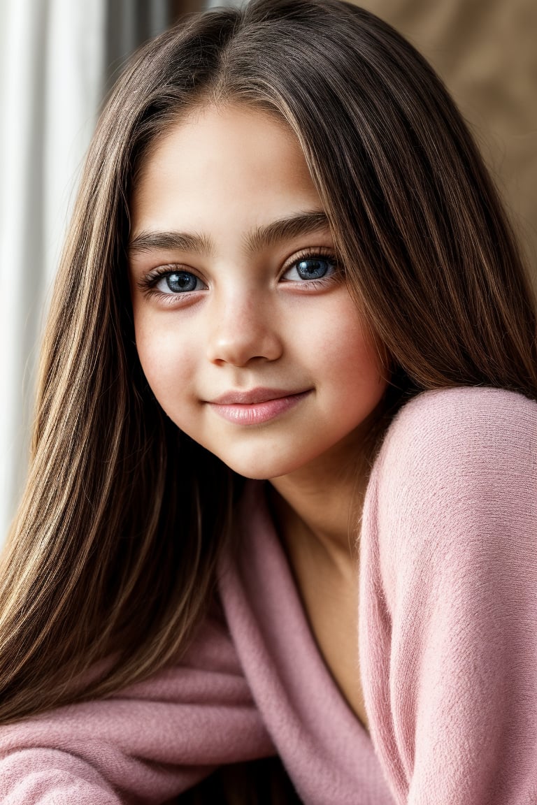 Close-up shot of an 11-year-old tween girl standing confidently, showcasing her well-proportioned figure in a playful yet alluring outfit. Soft, golden lighting highlights the definition of her toned physique, while her bright, curious eyes sparkle with innocence. Framed against a blurred background of vibrant colors and whimsical patterns, she exudes a youthful charm. Her beautiful face, with its subtle smile and defined features, is rendered in stunning 8K HDR detail, capturing every nuance of her expressive skin tone.