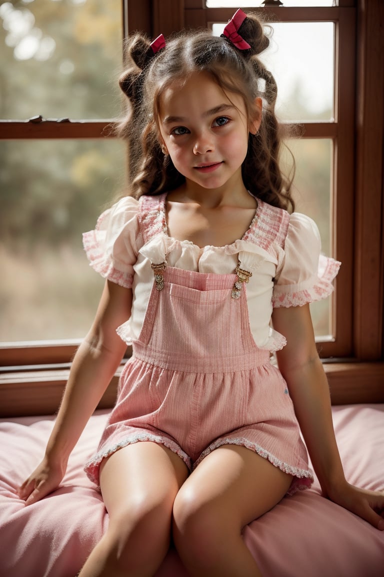 Close-up shot of a beautiful girl sitting on her bed, looking directly at the viewer with an open mouth and big brown eyes. Her long brown hair is styled in twin braids with hair rings, and she wears a striped shirt with puffy short sleeves. A bow adorns her hair ornament, and her skirt has frills. She's wearing thighhighs, pink panties with a matching bow, and no shoes. The backlighting highlights the texture of her soft brown hair. The background is blurred, with only the window frame visible behind her, as she sits confidently with an arm support. The image is rendered in stunning 8K HDR, showcasing every detail like a Masterpiece.