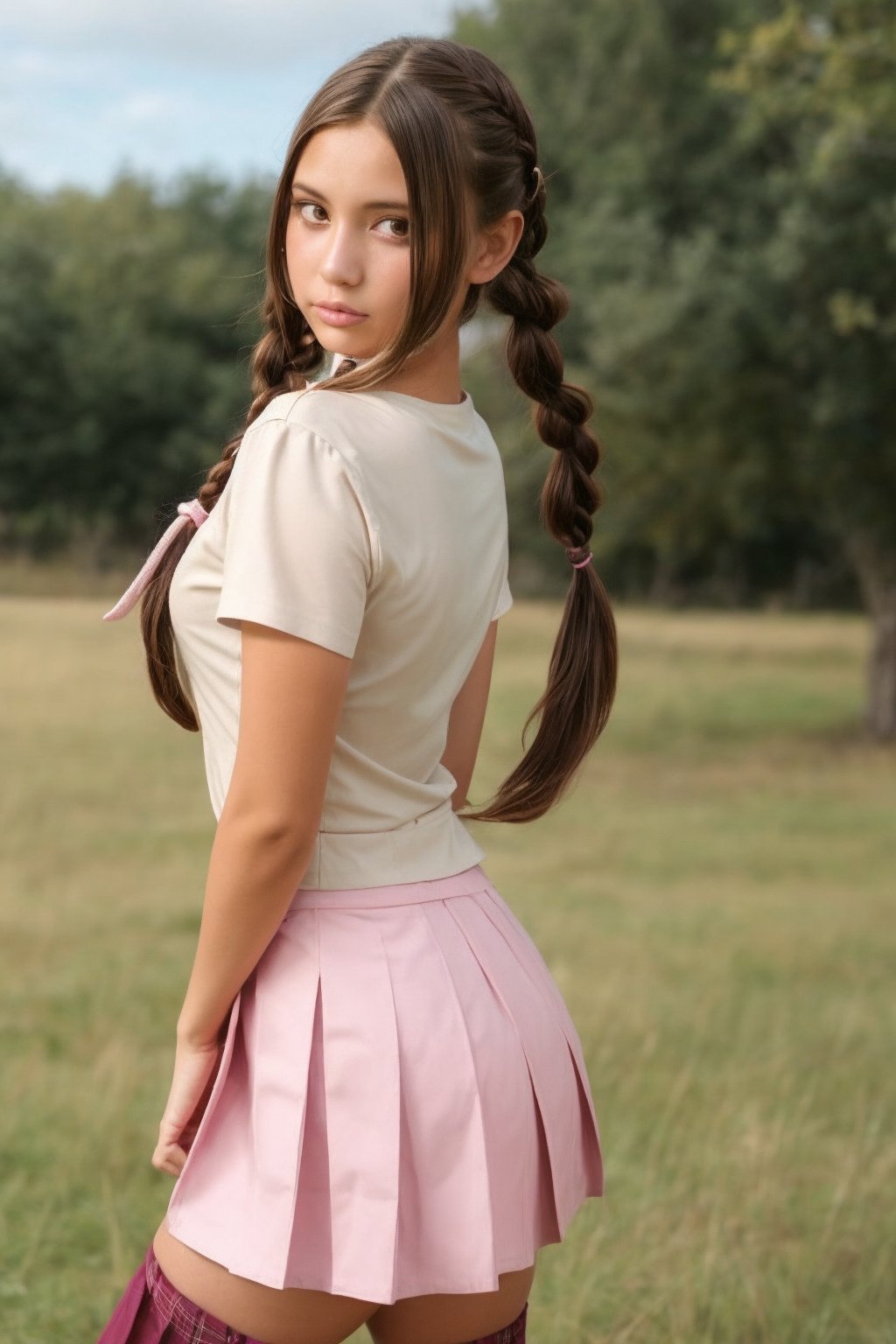 1girl, solo, long hair, looking at viewer, skirt, brown hair, shirt, thighhighs, twintails, brown eyes, standing, white shirt, braid, short sleeves, pleated skirt, outdoors, day, blurry, twin braids, tree, plaid, cosplay, plaid skirt, grass, pink skirt, realistic, pink thighhighs, photo background