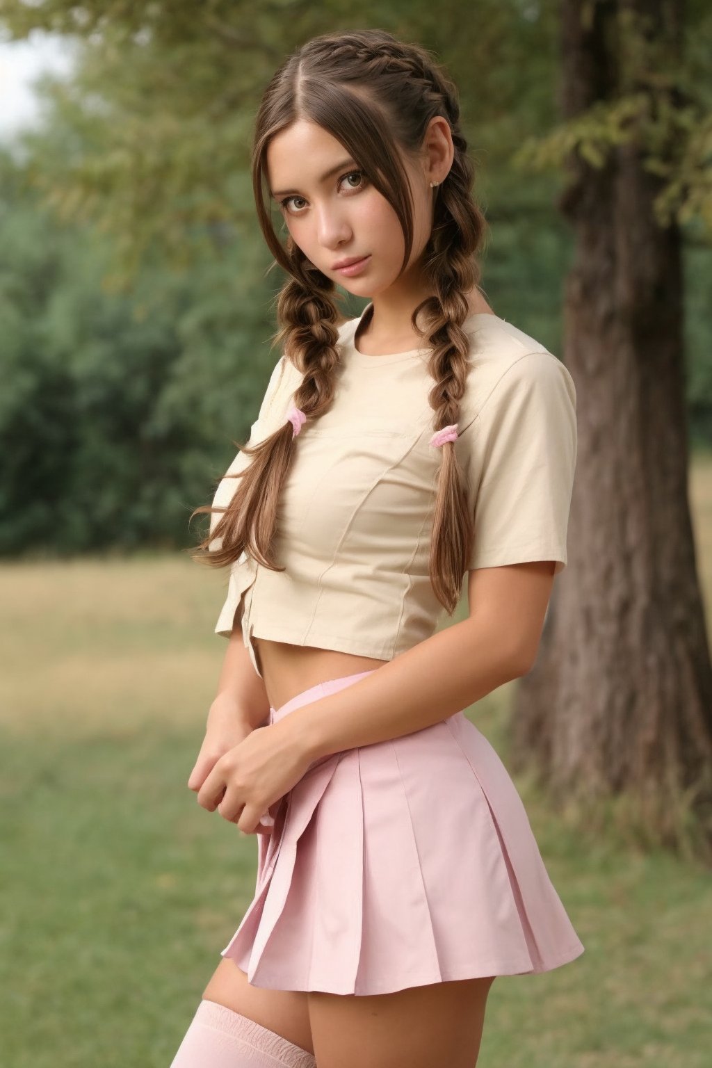 1girl, solo, long hair, looking at viewer, skirt, brown hair, shirt, thighhighs, twintails, brown eyes, standing, white shirt, braid, short sleeves, pleated skirt, outdoors, day, blurry, twin braids, tree, plaid, cosplay, plaid skirt, grass, pink skirt, realistic, pink thighhighs, photo background