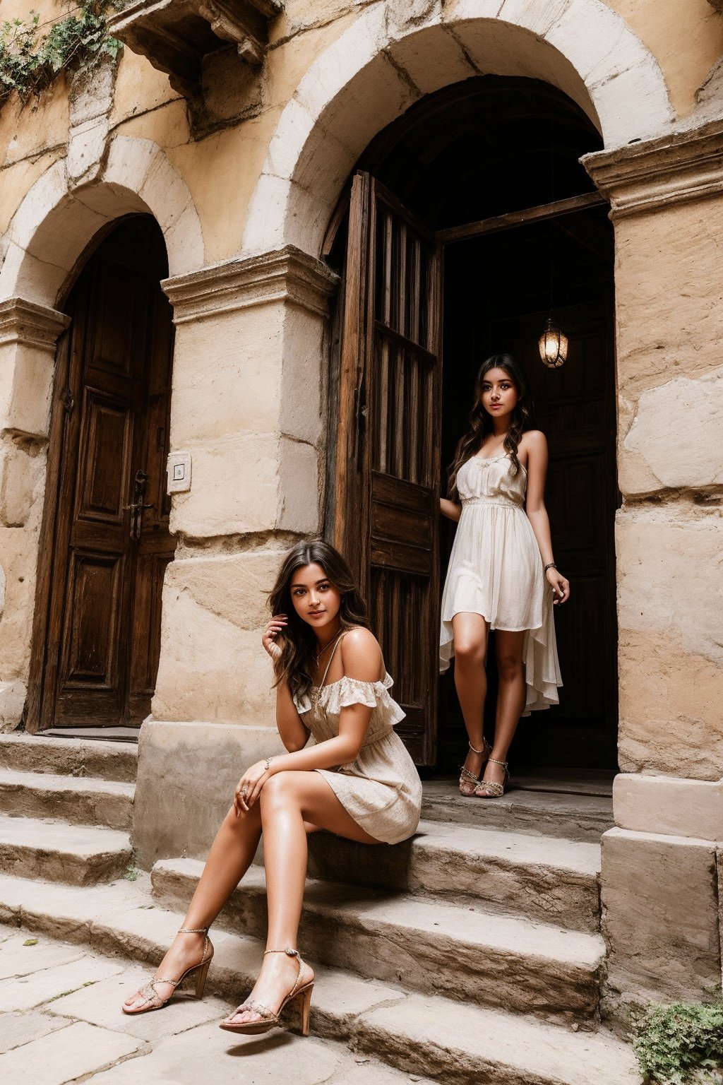 Sun-kissed cobblestones glisten beneath the feet of a tween girl who sits confidently with her legs open, her gaze directed straight ahead. She is a stunning beauty, with a gorgeous face that is considered a masterpiece. The peeling paint of the walls and the ornate wooden doorframes of the old European city create an enchanting backdrop. With her dress seductively fitting her body, where the shoulder strap hangs casually, she exudes effortless romance. Soft sepia tones add warmth to the scene, while the sun-kissed cobblestones house her carefree spirit. The ancient beauty of Rome is subtly woven into the composition, inviting the viewer to immerse themselves in this idyllic moment.