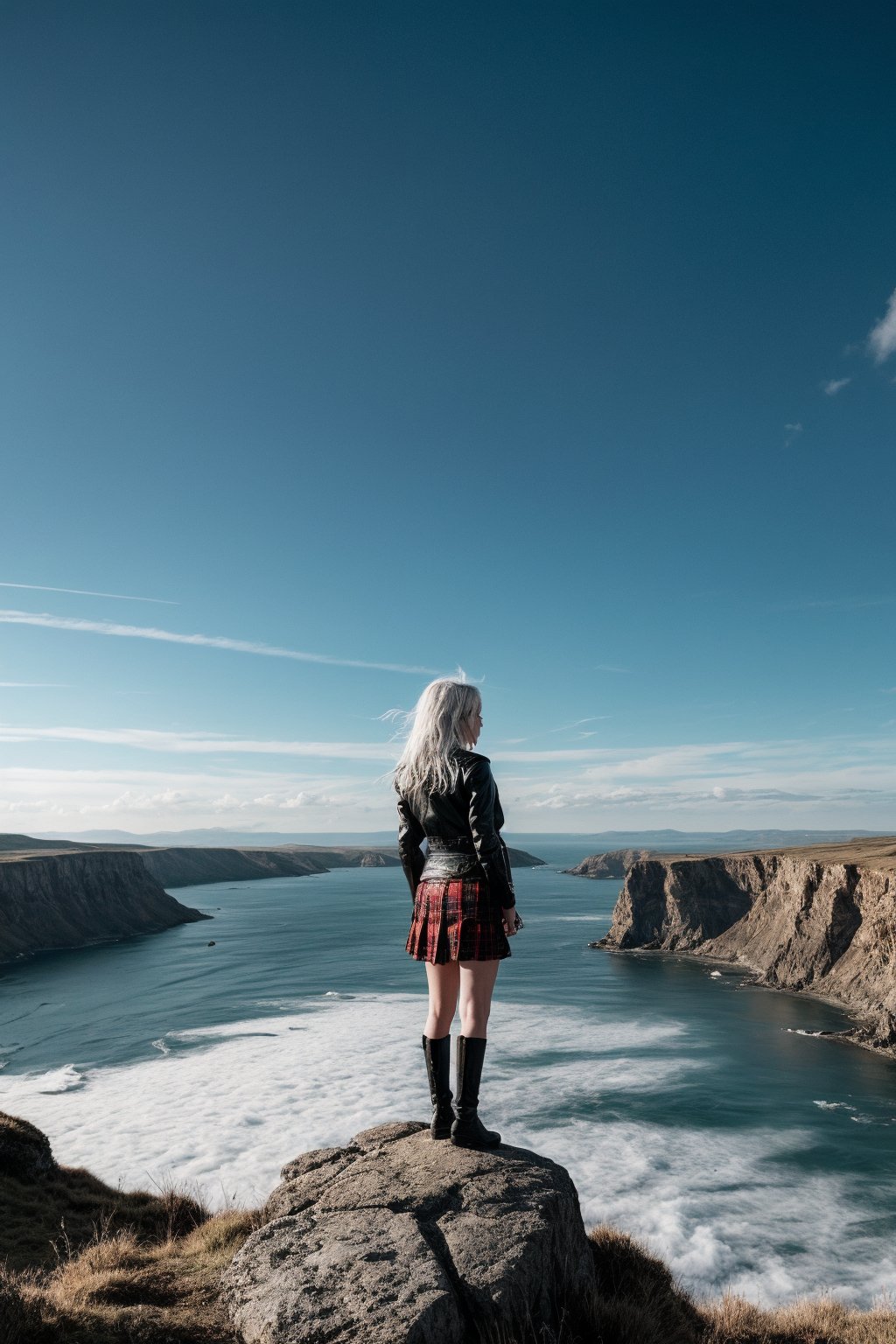 A lone figure stands precariously at the edge of a rugged cliff, winds whipping her white hair into a frenzy. Her piercing red eyes gaze out at the distant mountain range as she clutches the hem of her tartan skirt. A black leather jacket wraps around her frame, accentuating her strength and resilience. The full-body shot captures her solitary figure against the turbulent backdrop, evoking a sense of freedom and untamed spirit.