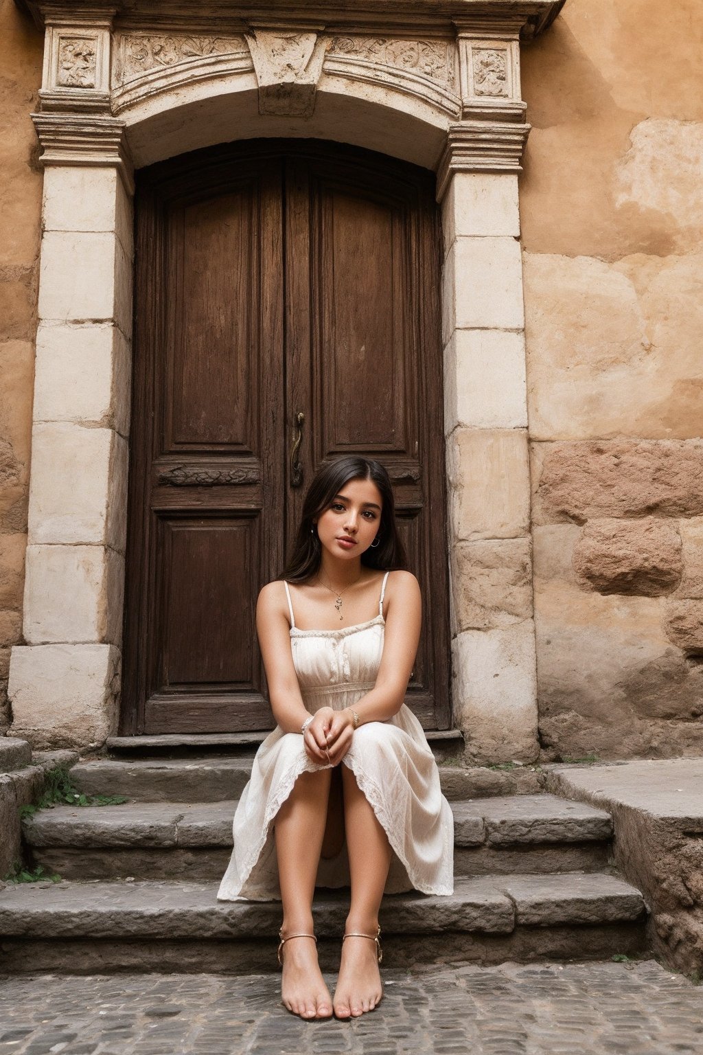 Sun-kissed cobblestones glisten beneath the feet of a tween girl who sits confidently with her legs open, her gaze directed straight ahead. She is a stunning beauty, with a gorgeous face that is considered a masterpiece. The peeling paint of the walls and the ornate wooden doorframes of the old European city create an enchanting backdrop. With her dress seductively fitting her body, where the shoulder strap hangs casually, she exudes effortless romance. Soft sepia tones add warmth to the scene, while the sun-kissed cobblestones house her carefree spirit. The ancient beauty of Rome is subtly woven into the composition, inviting the viewer to immerse themselves in this idyllic moment.