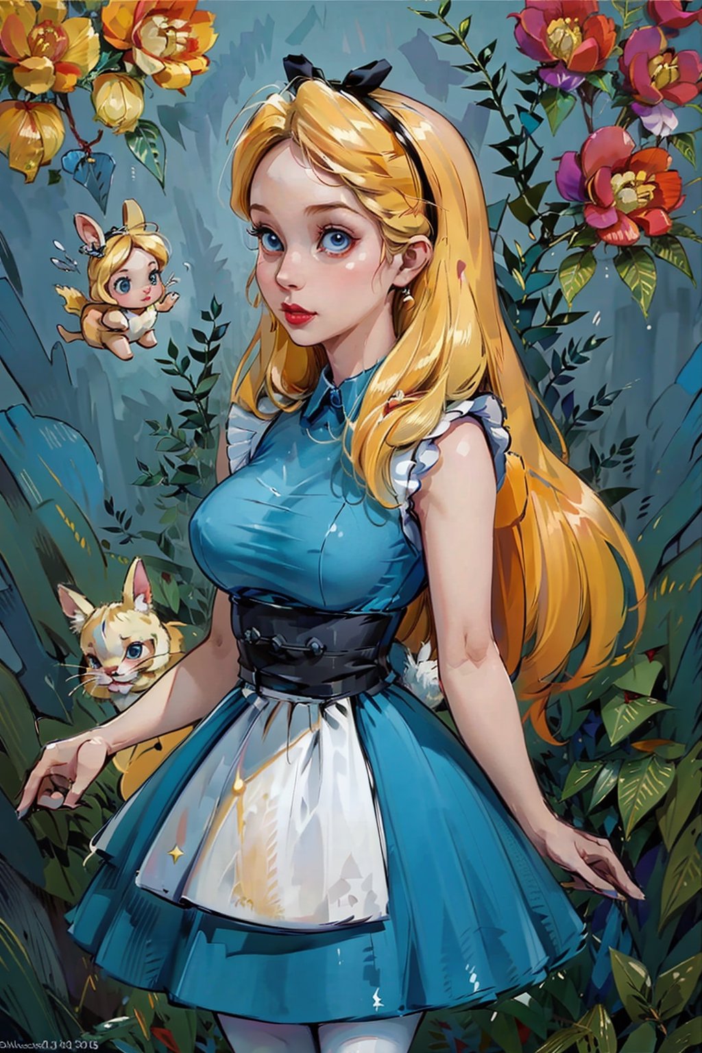 (masterpiece, best quality,high detailed), blonde girl,virgin killer outfit, high-waist skirt, standing, pantyhose, ,cartoon,AliceWonderlandWaifu, Slim jawline, clear features, red lips, shining eyes, Rabbits around, in the forest, in the park,