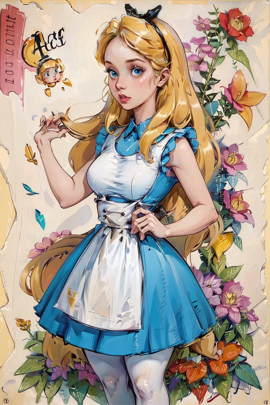 (masterpiece, best quality,high detailed), blonde girl,virgin killer outfit, high-waist skirt, standing, pantyhose, ,cartoon,AliceWonderlandWaifu