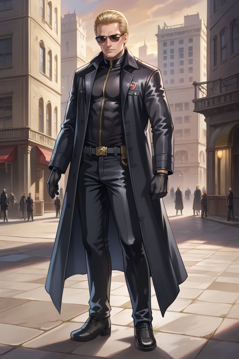 A Albert Wesker stand full length wide, quality, hd, detailed, hard shadows,AlbertWesker,Blonde Hair,Black Gloves, Sunglasses,Black Pants, Long Coat,Black Coat, Black Shirt