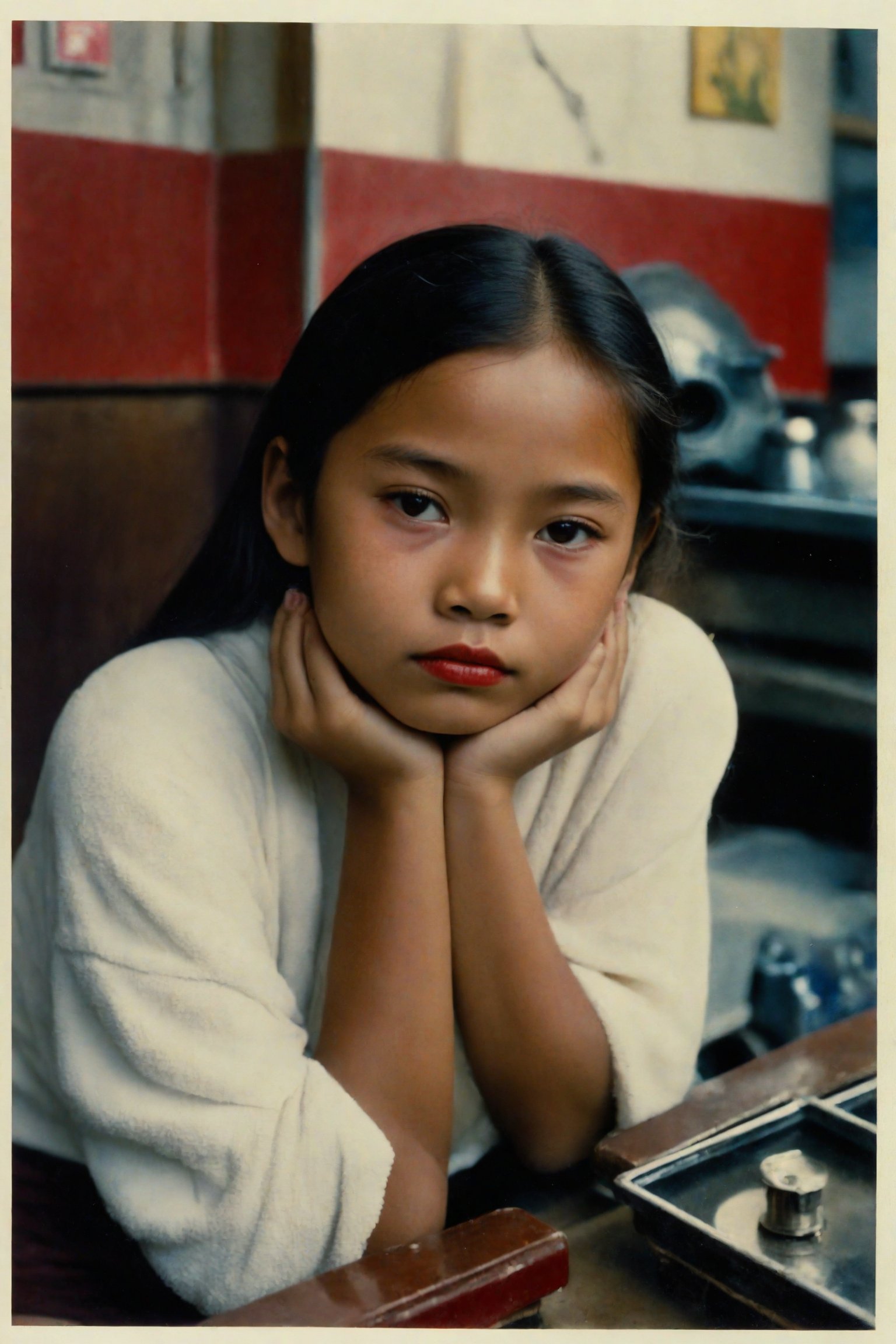 A vintage Polaroid photograph captures a young(11yo) Filipino girl's weary expression. Grainy film texture and white border evoke nostalgia. Flash photography illuminates her dyed blonde hair, striking features, and bold red lipstick. She sits patiently on a worn massage table in a dimly lit, seedy parlour. Her gaze meets the camera, a tired smile subtly spreading across her face. A loose white towel barely conceals her body as she awaits her next customer. Kodakchrome's desaturated palette adds to the photograph's analog charm.