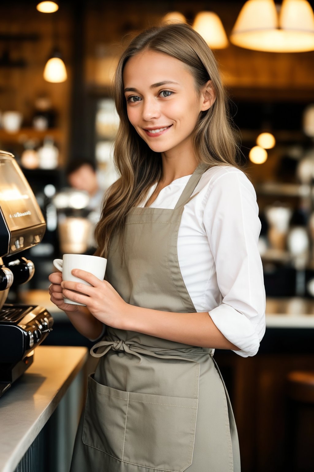 A weary yet radiant 15-year-old barista, caramel-toned skin glowing warmly under the soft lighting of the bustling café. Her luscious, straight chocolate hair with caramel highlights cascades down her back like a rich waterfall. Tired eyes, though, betray a hint of exhaustion as she expertly crafts coffee drinks. A bright, inviting smile illuminates her face, tempered by subtle lines of fatigue. She wears a crisp white apron, its simplicity belied by the warmth and energy she exudes, pouring her heart into every cup with an eager yet weary gaze.