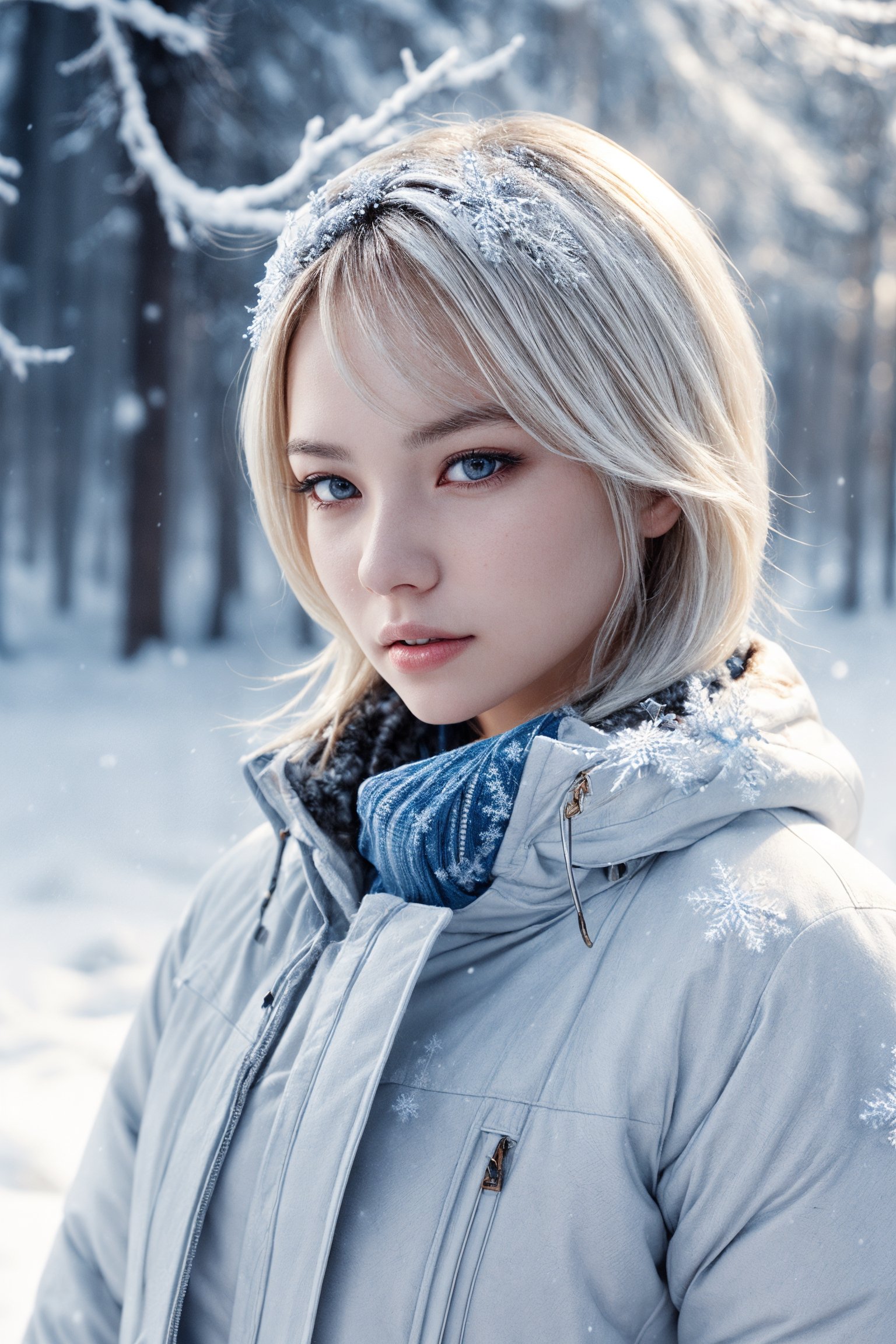 Illustrate a girl with the power of ice, featuring ice-white hair and clothing, set in a snowy landscape. Emphasize (((intricate details))), (((highest quality))), (((extreme detail quality))), and a (((captivating winter composition))). Use a palette of cool blues and whites, drawing inspiration from artists like Artgerm, Sakimichan, and Stanley Lau,midjourney