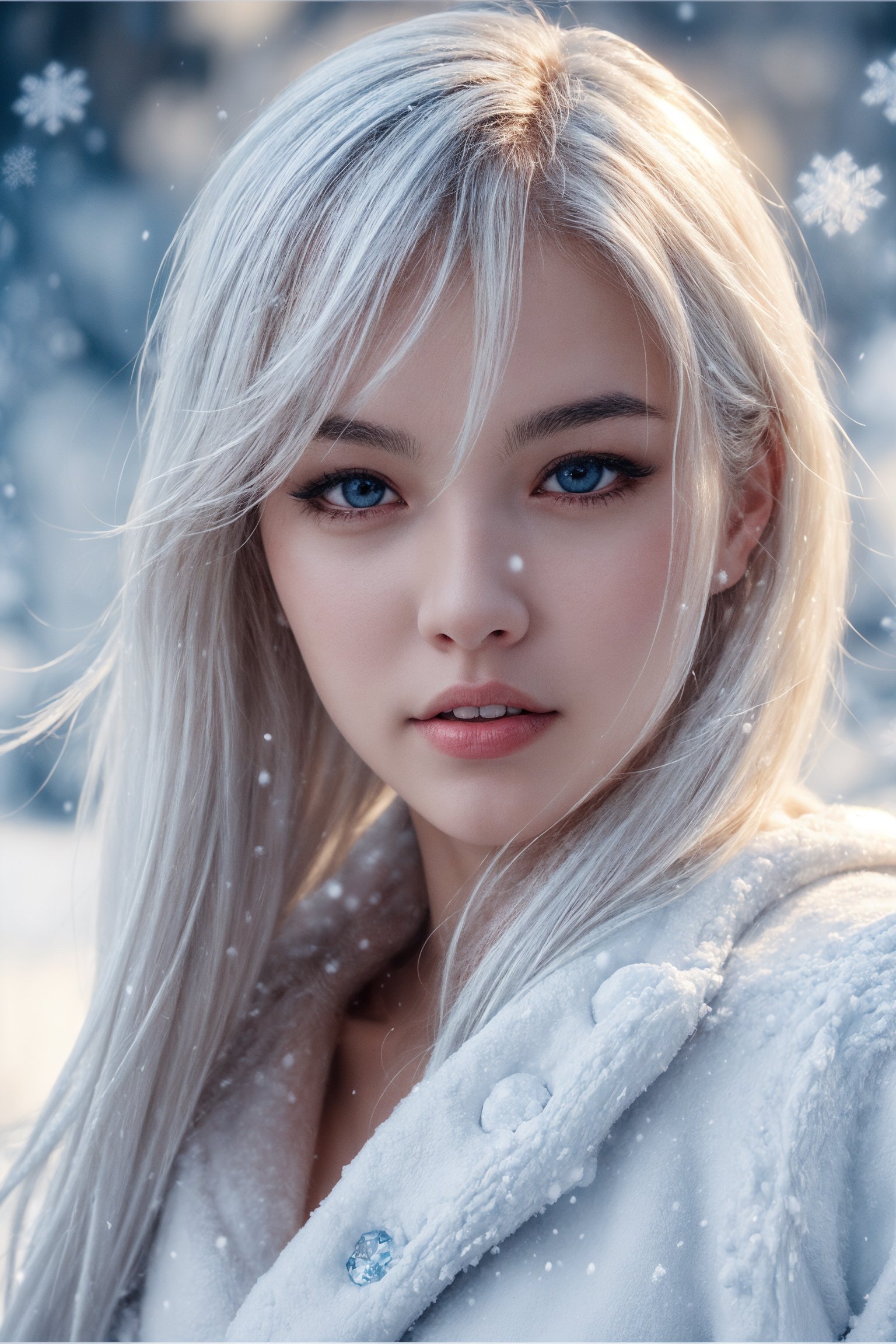 Illustrate a girl with the power of ice, featuring ice-white hair and clothing, set in a snowy landscape. Emphasize (((intricate details))), (((highest quality))), (((extreme detail quality))), and a (((captivating winter composition))). Use a palette of cool blues and whites, drawing inspiration from artists like Artgerm, Sakimichan, and Stanley Lau,midjourney