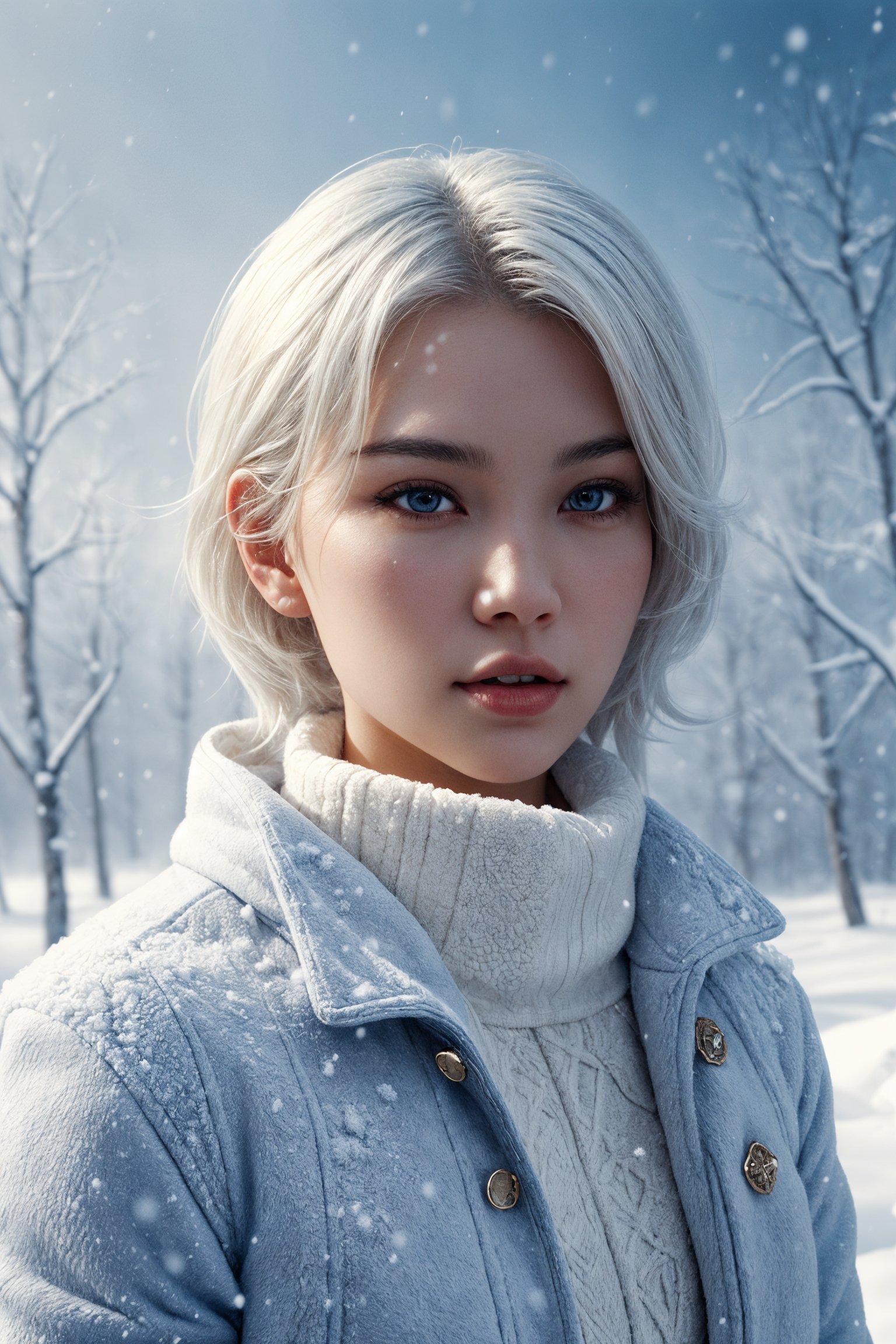 Illustrate a girl with the power of ice, featuring ice-white hair and clothing, set in a snowy landscape. Emphasize (((intricate details))), (((highest quality))), (((extreme detail quality))), and a (((captivating winter composition))). Use a palette of cool blues and whites, drawing inspiration from artists like Artgerm, Sakimichan, and Stanley Lau,midjourney