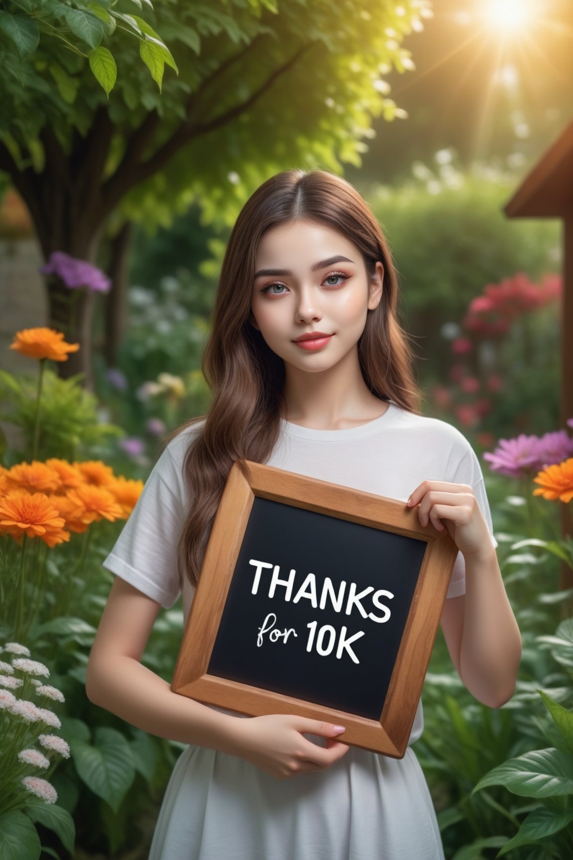 A girl in a garden,holding a board with text "Thanks for 10 K" text,illustration,ultra-detailed,realistic,vivid colors,hdr,sharp focus,studio lighting,beautiful detailed eyes,beautiful detailed lips,longeyelashes,medium,text logo