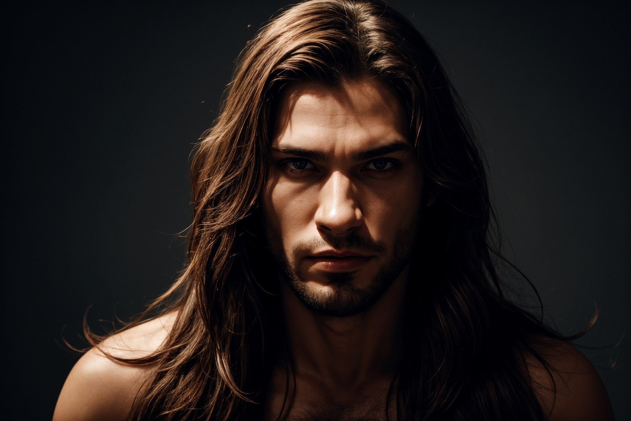 1man, ((blank background)), vibrant colors, head and shoulders portrait, long_hair, pale, red_eyes, warrior, werewolf