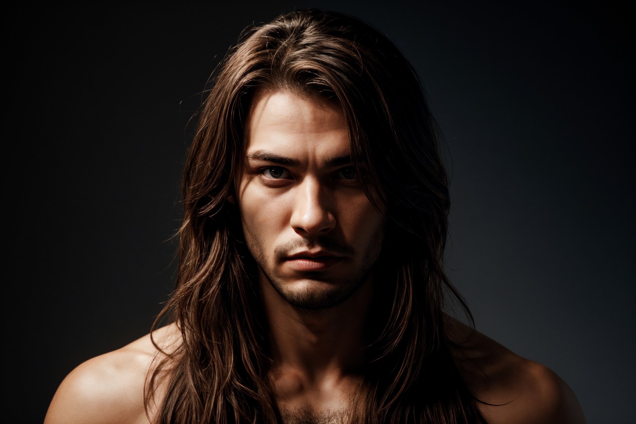 1man, ((blank background)), vibrant colors, head and shoulders portrait, long_hair, pale, red_eyes, warrior, werewolf